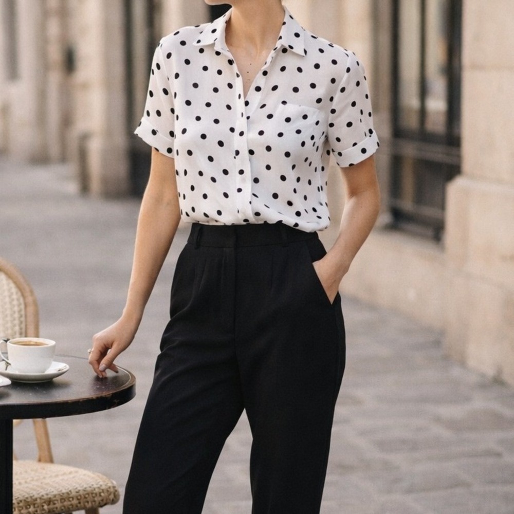 Glances LA Womens Short Sleeve Polka Dot Button Up Retro Chic Top Vintage